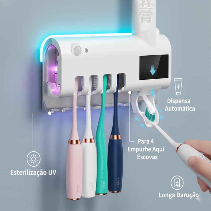 Esterilizador UV para Escova de Dente com Dispenser de Pasta, Porta Escova Higiênico