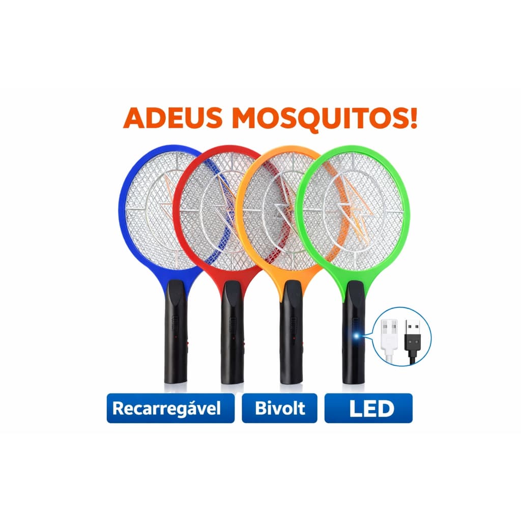 Raquete Elétrica Mata Mosquito Recarregável USB LED Bivolt – Elimina Pernilongos e Insetos