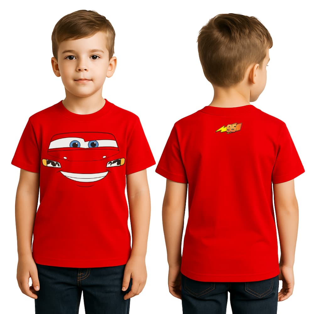 Camiseta Infantil Menino Carros Relâmpago McQueen Vermelha Frente e Costa