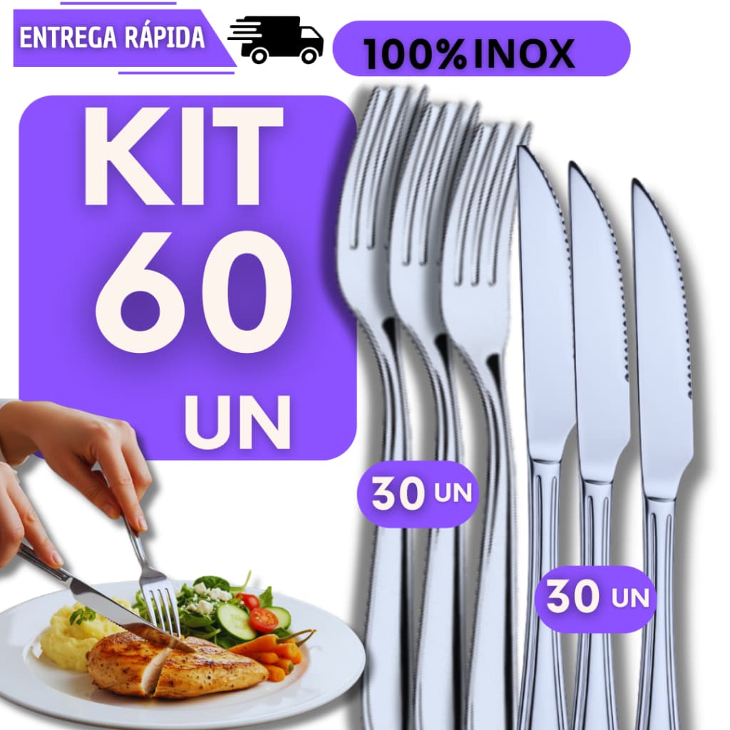 KIT 60 Garfo e Faca Inox 30 Facas 30 Garfos Restaurantes Buffet Cozinha Talheres