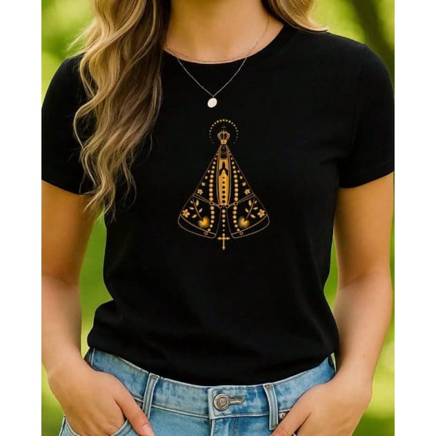 Camiseta Unissex Estampa Nossa Senhora Aparecida Dourada Estilo Religiosa Minimalista T-shirt