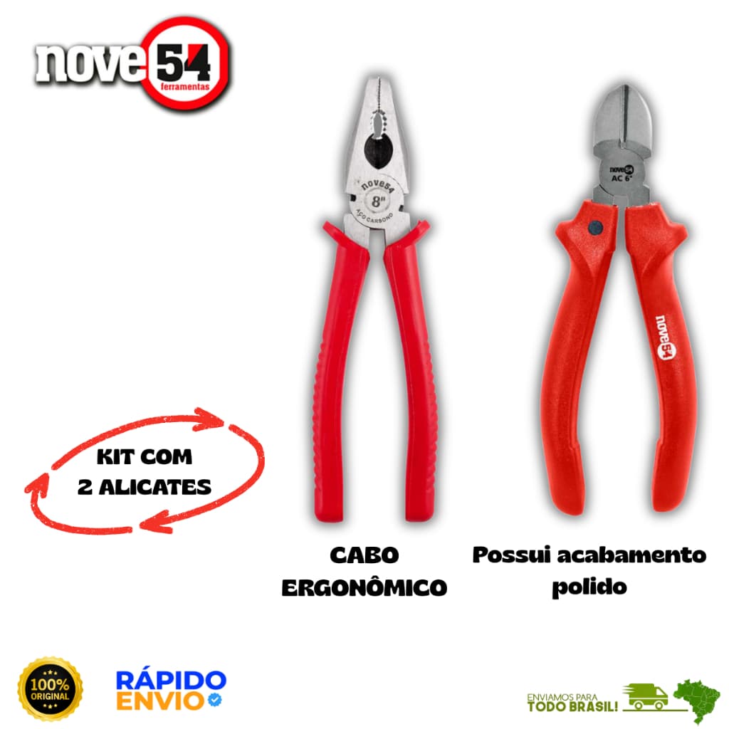 Alicate Universal 8'' + Alicate Corte Diagonal 6'' Kit com 2 Alicates Nove54 Oferta Premium Polido