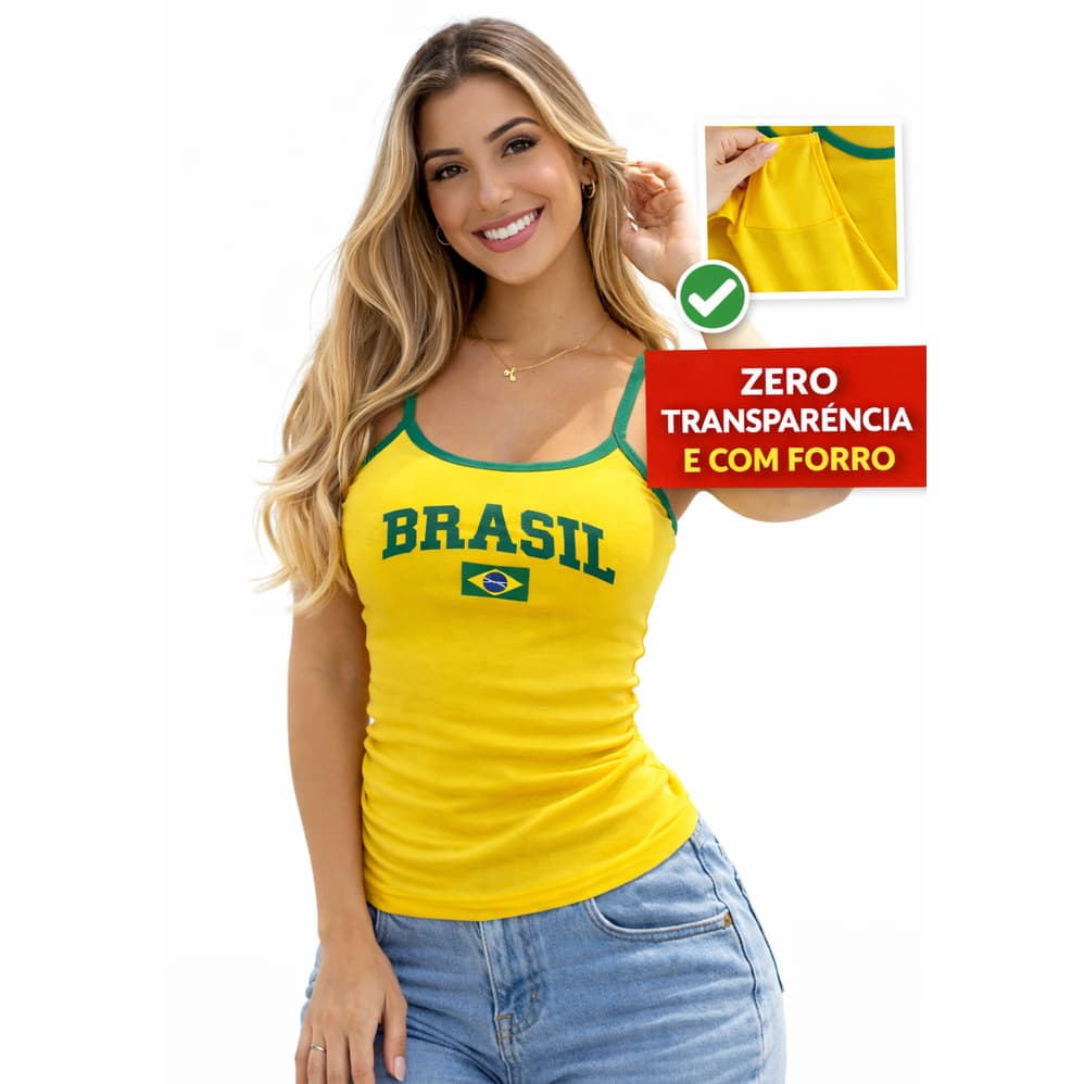 Regata Camiseta Feminina Brasil da Virginia Blusa Tipo Gringa Copa do Mundo Com Forro e Ajustável