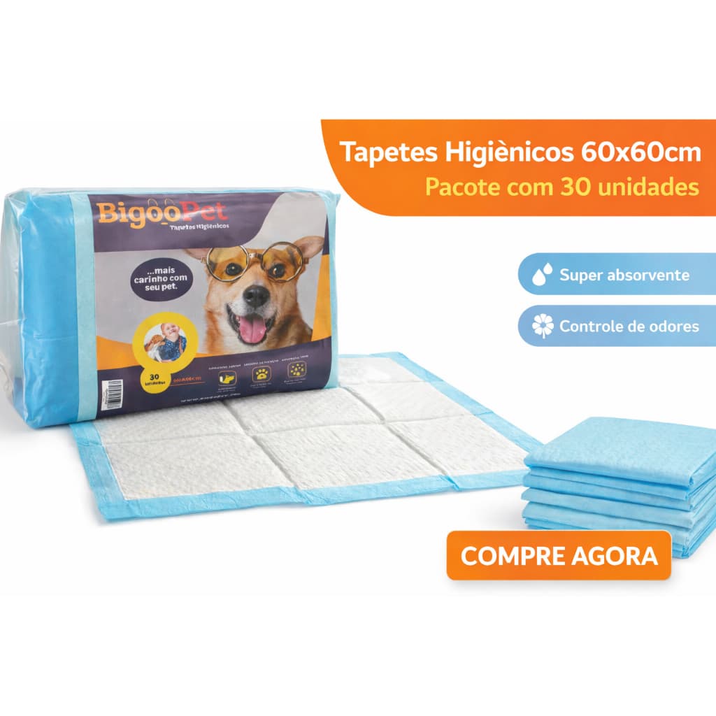 Tapete Higiênico para Cachorro Descartável Super Absorvente com Gel e Controle de Odor 60X60 30 UN.