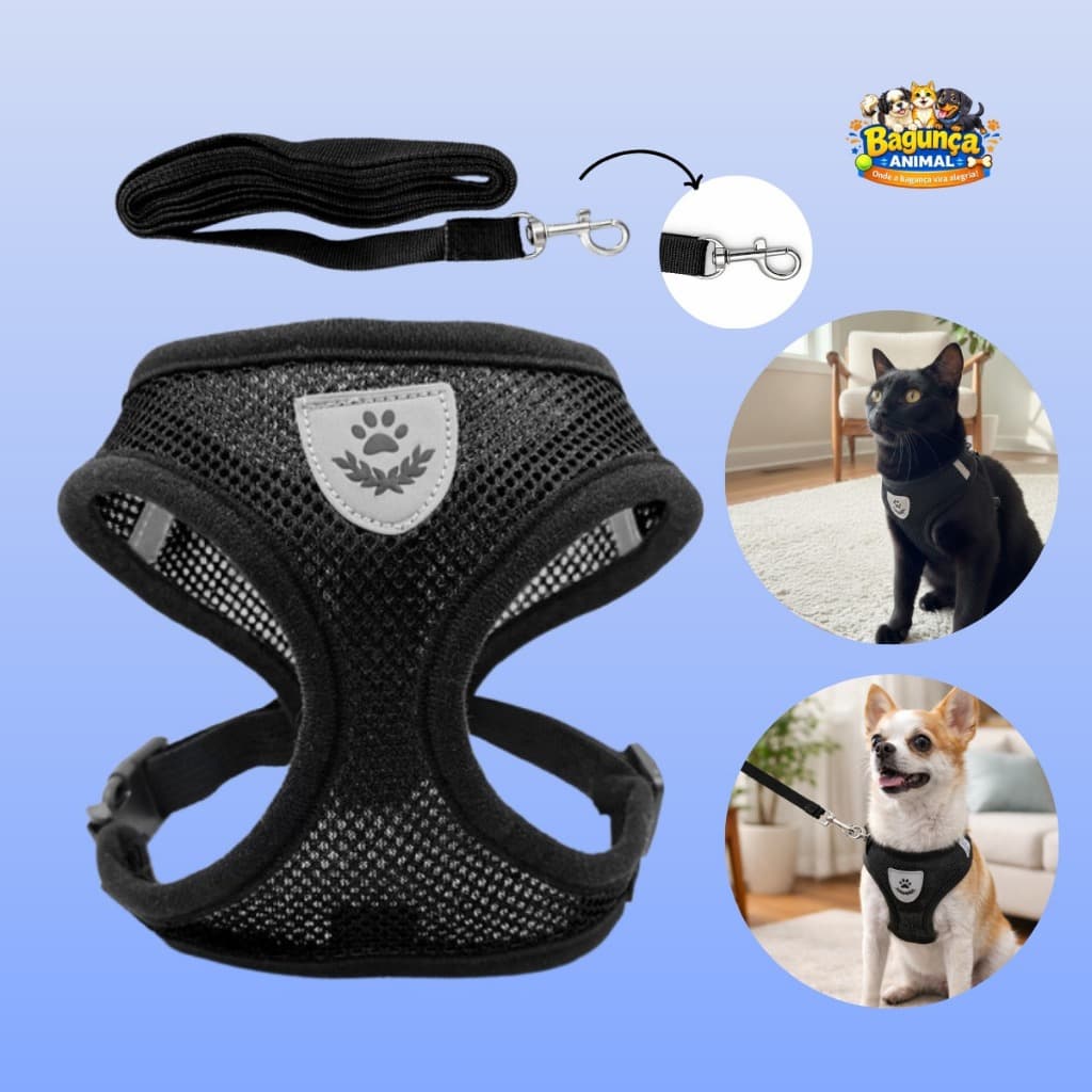 Peitoral Ajustável P para Gatos e Cães Pequenos com Guia Confortável e Seguro Preto