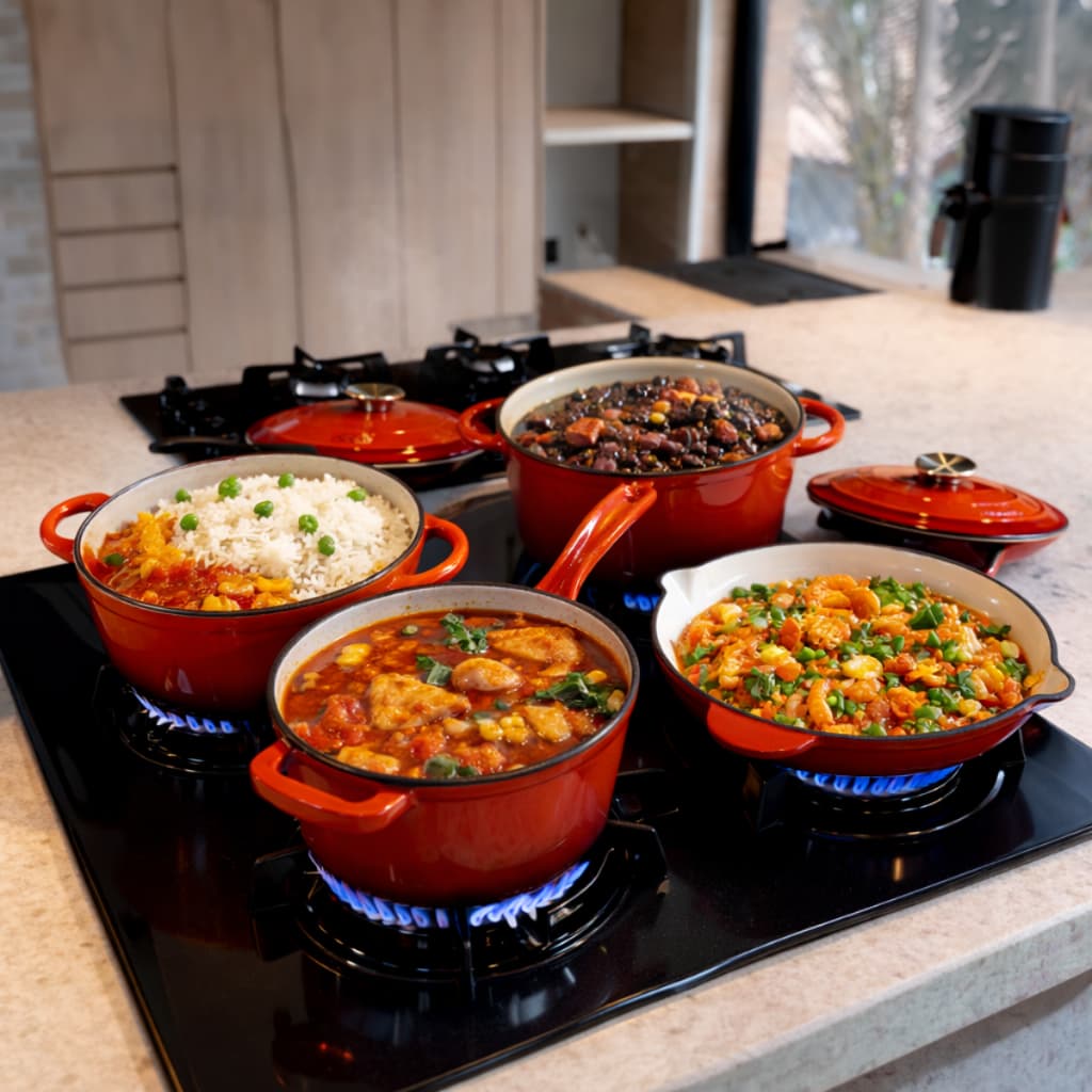 Kit Jogo Panelas Esmaltadas Antiaderente Ferro Fundido Chama e Indução Com Inmetro Estilo Creuset