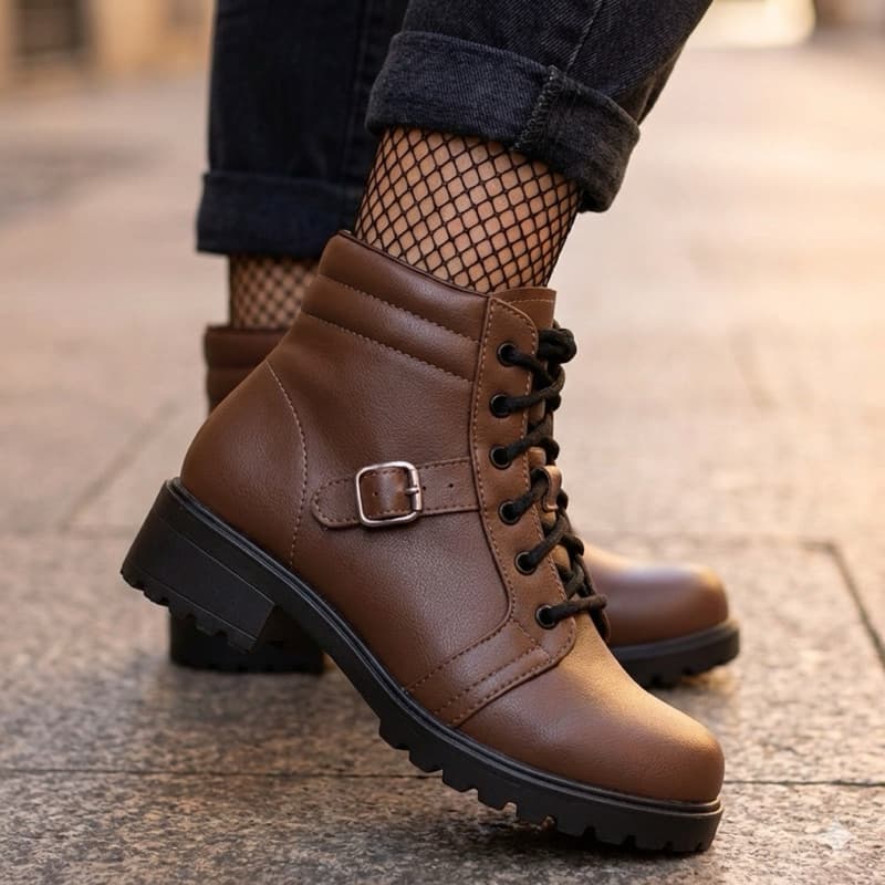 Bota Feminina Coturno Cano Curto – Solado Tratorado com Fivela | Estilo Moderno Ideal para Shows , Rodeios e baladas