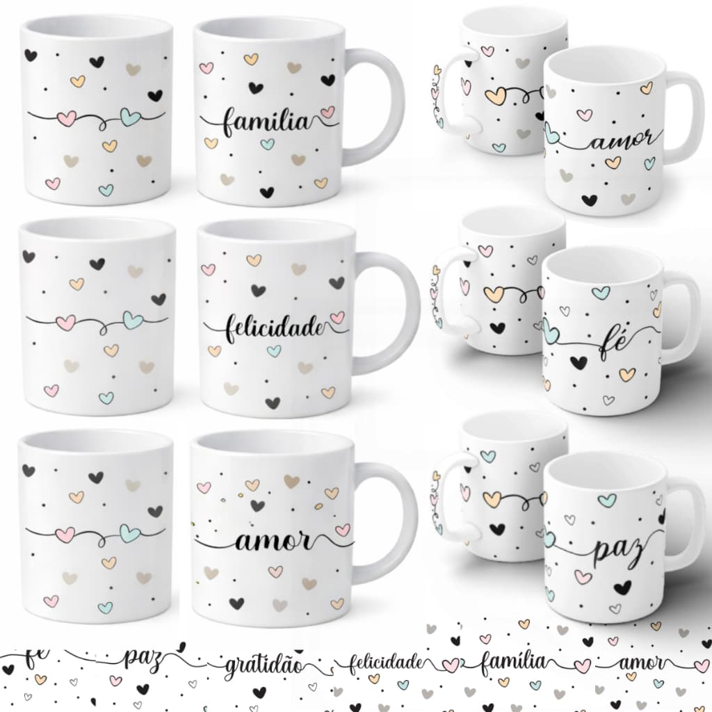 Kit 6 Canecas De Porcelana 120ml - Xicaras Palavras Inspiradoras - Fé Gratidão Felicidade Amor Paz Família