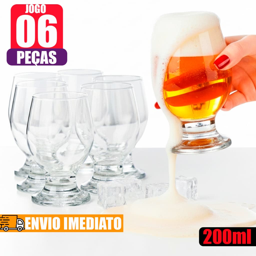 Jogo de Taças Paulista 6 peças 200ml de Vidro Restaurante Casa Vinho, água, cerveja Kit de Taça
