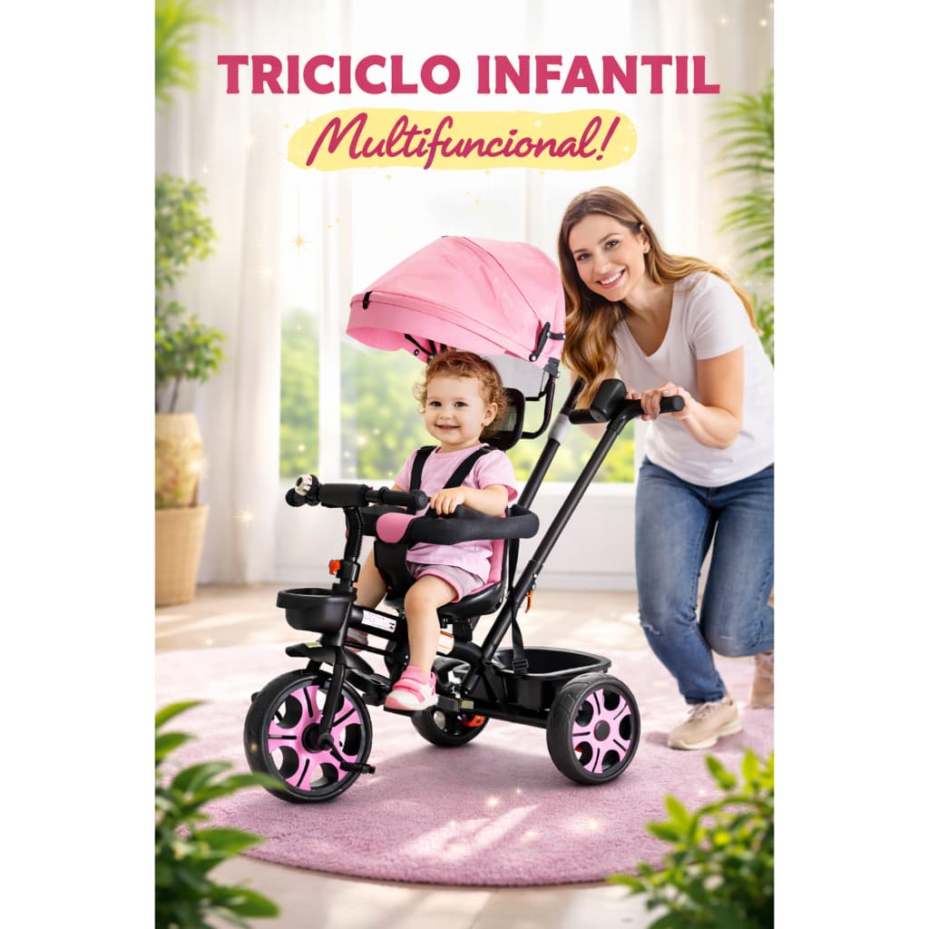 Triciclo Infantil Rosa Baby Style Passeio Capota Assento Giratório 360°