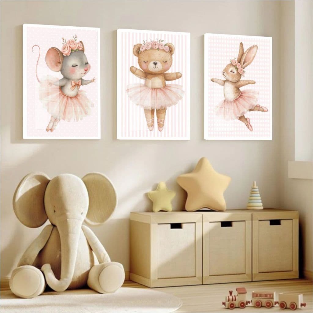Quadro Moldura e Vidro Kit Três Peças Ratinha Bailarina Tons Branco Rosa Decoração Quarto Infantil
