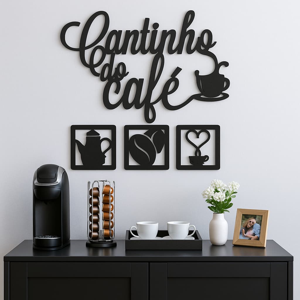 Kit Cantinho do Café Escrita e 3 Quadrinhos em MDF 3mm + Fita Dupla-Face | 30x22cm
