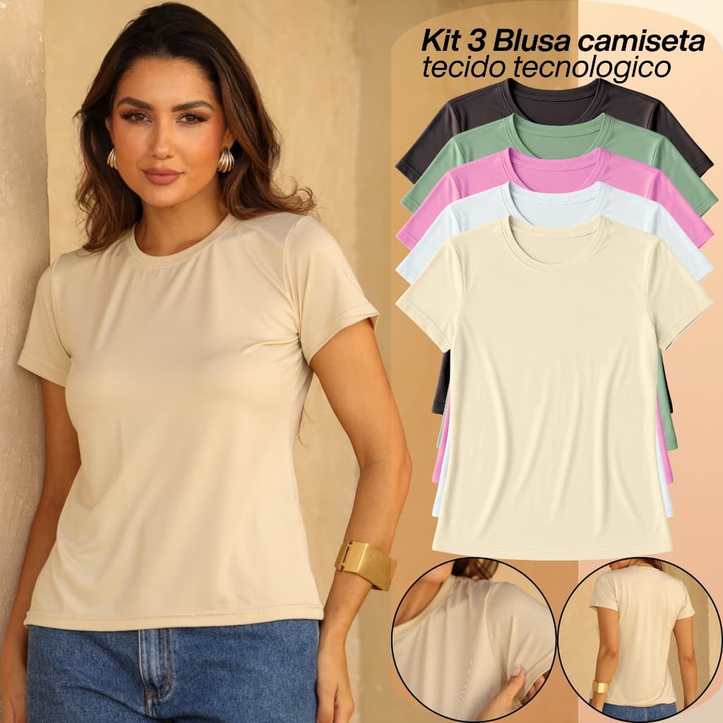 Kit 3 Blusas Feminina T-Shirt Casual Camiseta Manga Curta Estilosa Lisa Básica Peach Skin