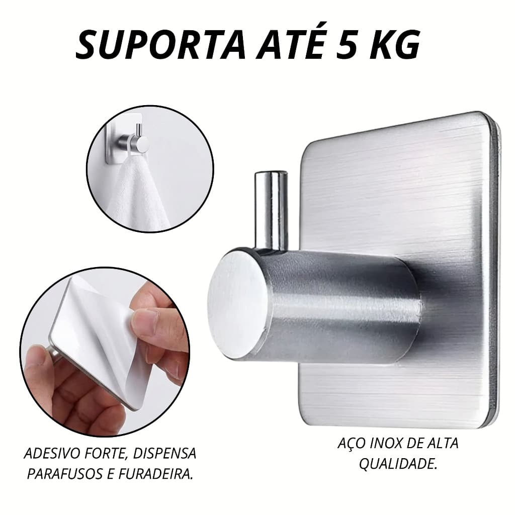 Gancho De Parede Com 1,2,3,4,5,6,7,8,9 ou 10 Ganchos Fita Adesiva 3M Em Inox