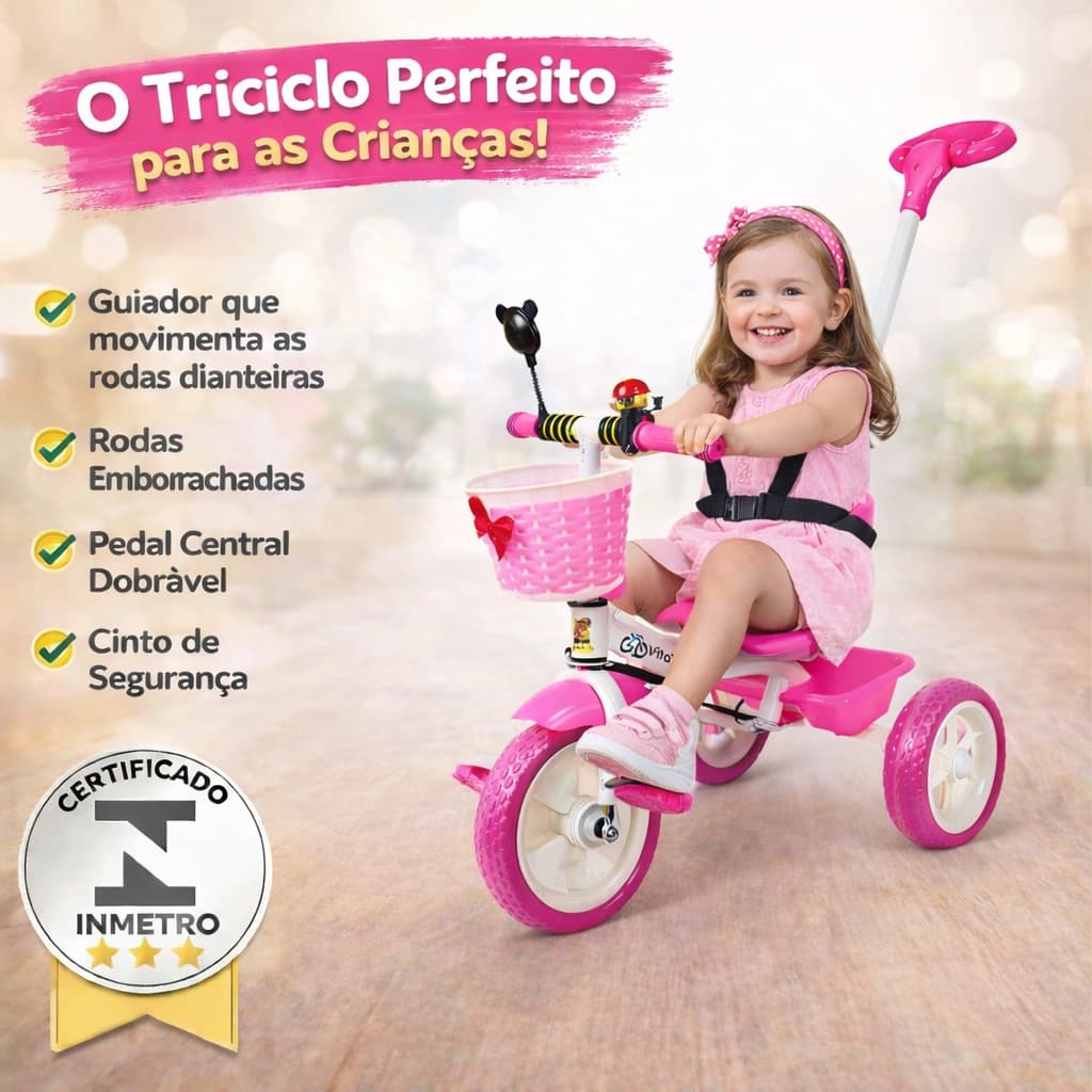 Bicicleta Triciclo Infantil com Guidão e Empurrador VitaToys Rosa