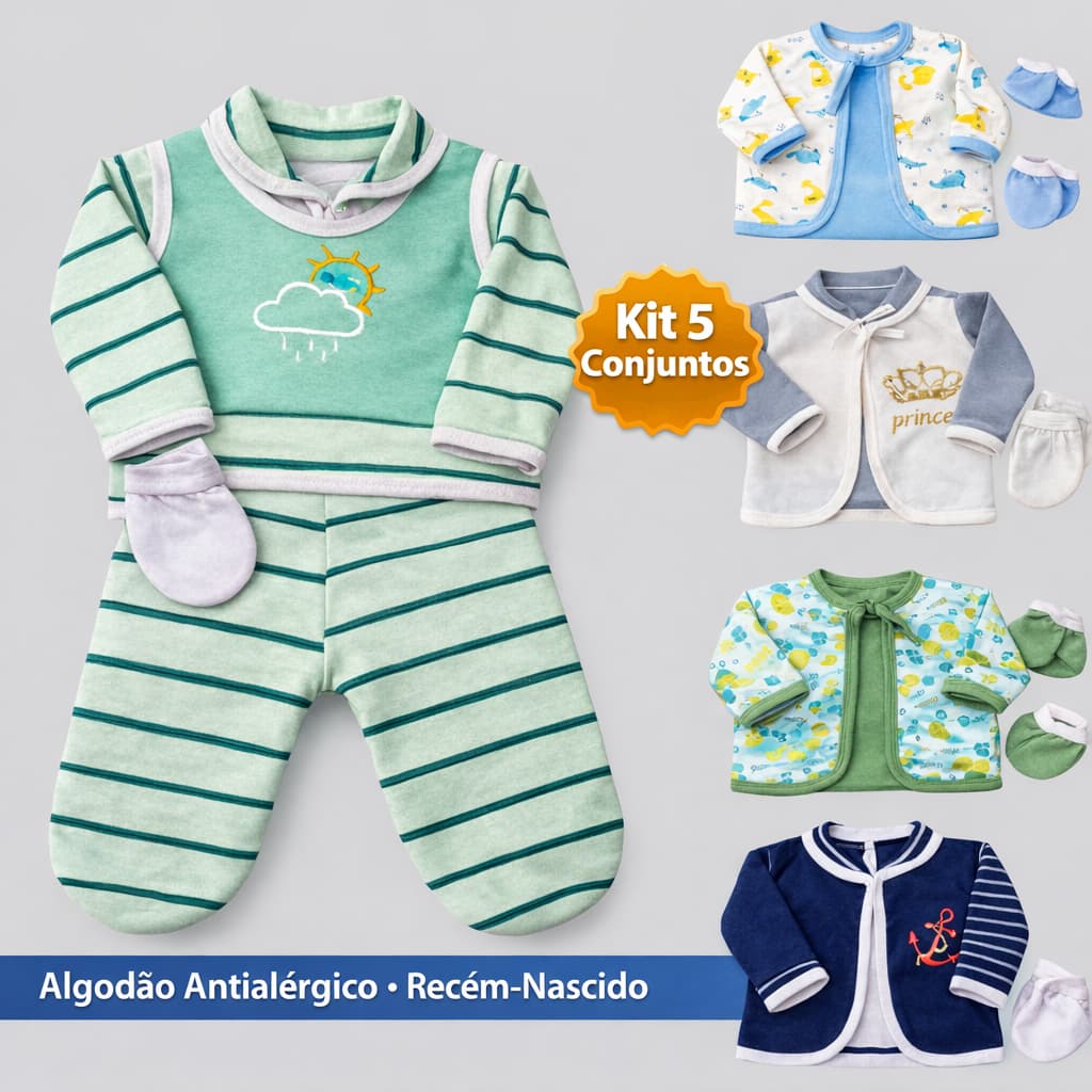 Kit 5 Conjunto Bebê Recém Nascido Menino Tecido Em Algodão Antialérgico Macio Enxoval Maternidade RN