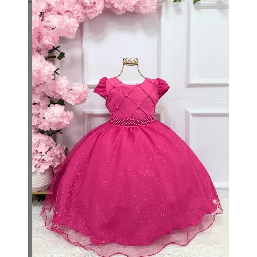 Vestido Infantil Festa Luxo com Tule e Pérolas Rodado Brilho Princesa Aniversário Daminha Elegante