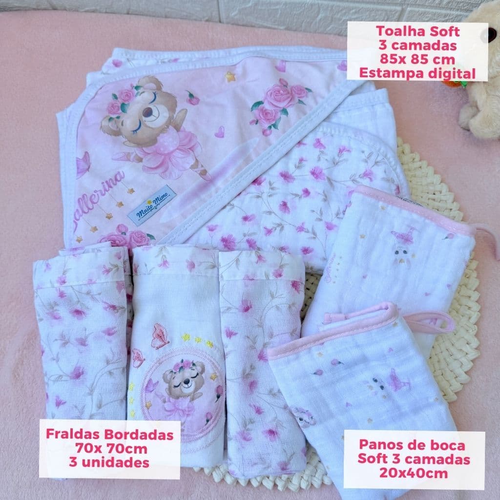 Toalha de banho bebe soft 3 camadas + 3 fralda bordadas + panos de boca soft com alça de chupeta