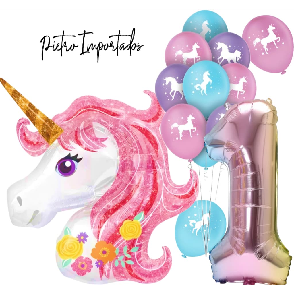 Kit balão De Unicórnio Gigante De 1.10 Metro  - Bexiga De Unicórnio 9 Pol 25 Unid + Numero Gigante de 75 cm
