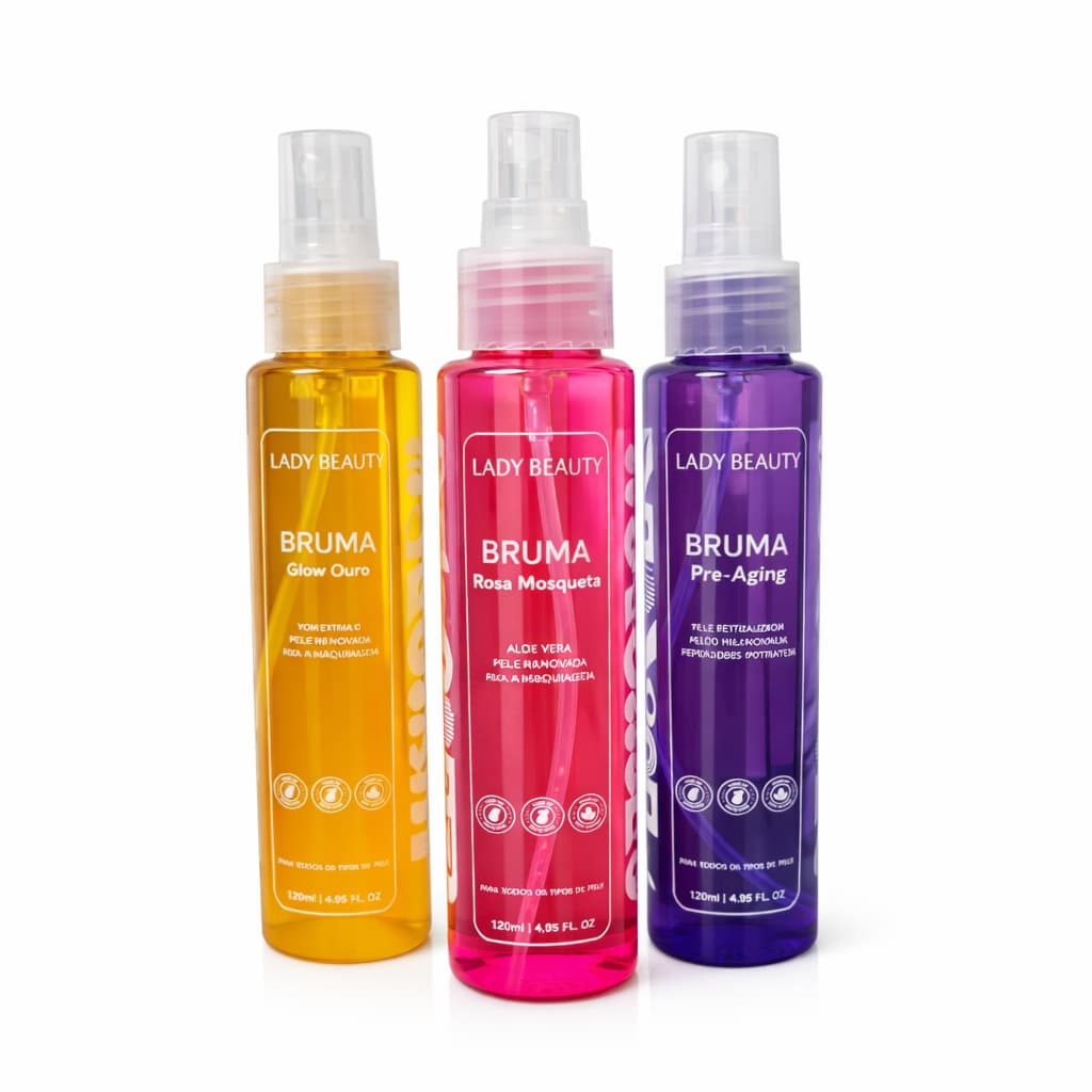 Kit 3 Bruma Fixadora de Maquiagem Rosa Mosqueta Glow e Pró-Aging 130 ml Lady Beauty