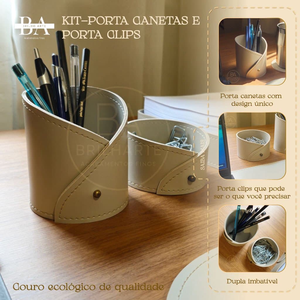 Kit Organização Compacta Porta Caneta + Porta Clips Couro Ecológico Mesa Escritório – Brilharte