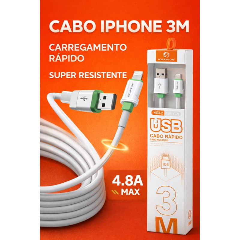 Cabo Lightning iPhone/Android 3 Metros Reforçado USB 4.8A Carregamento Rápido e Dados H’Maston