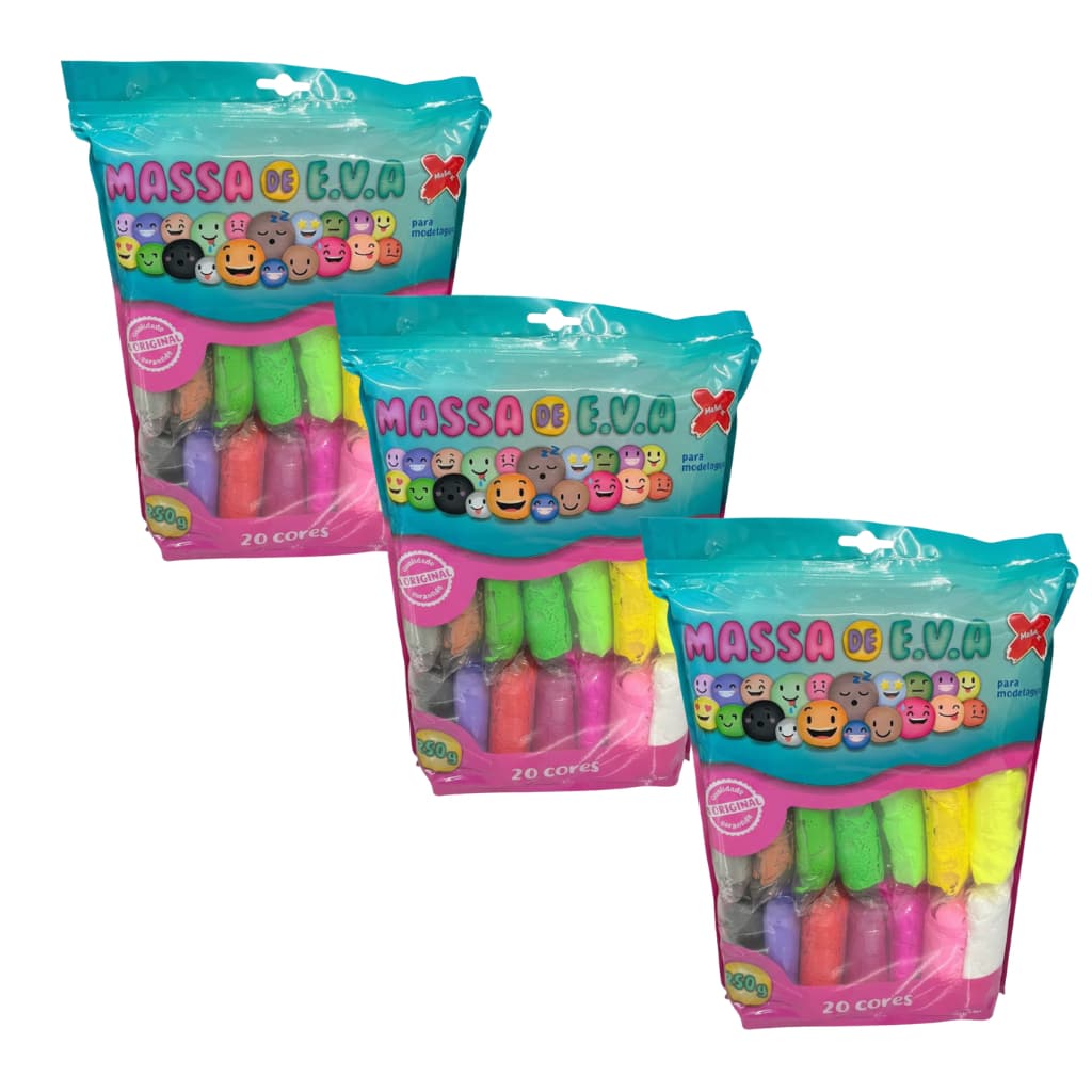 Massinha Eva 20 Cores Make+ 250gr Kit Com 3 Unidades Artesanato Infantil Biscuit Slime 250gr Make+