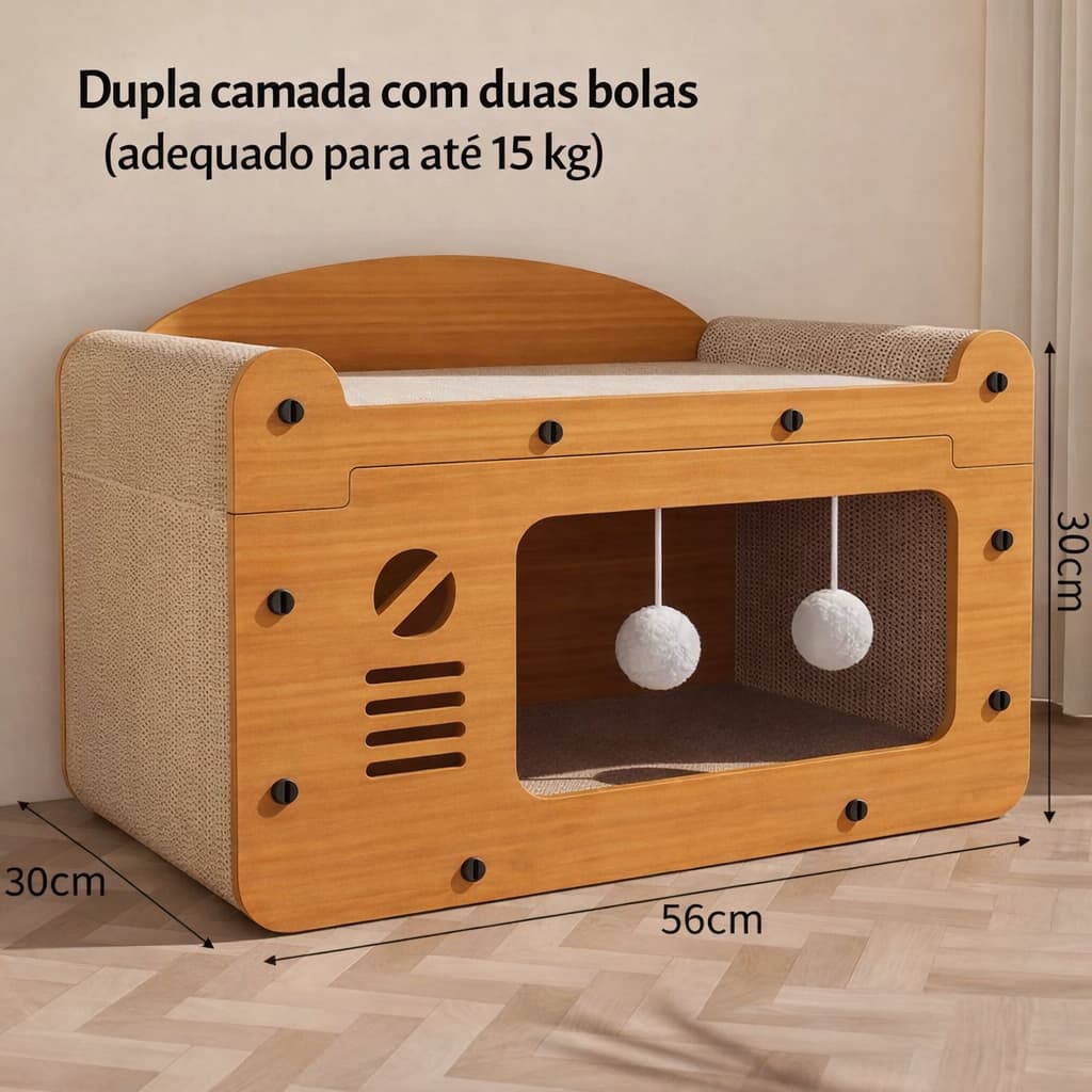 Arranhador vertical com toca, resistente, não solta resíduos, uso 4 estações para gatos.