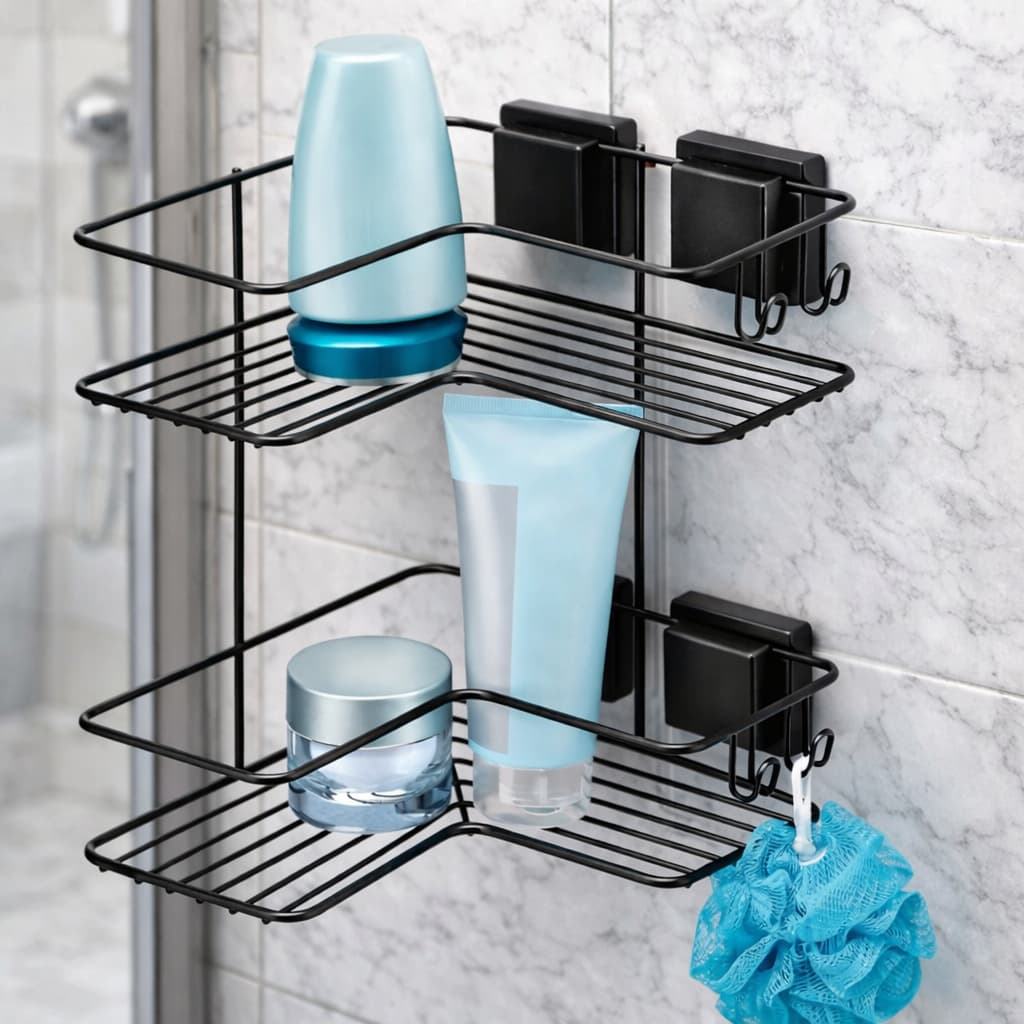 Porta Shampoo Duplo Banheiro Cantoneira Bucha Sabonete Fixo Com Ventosa Preto