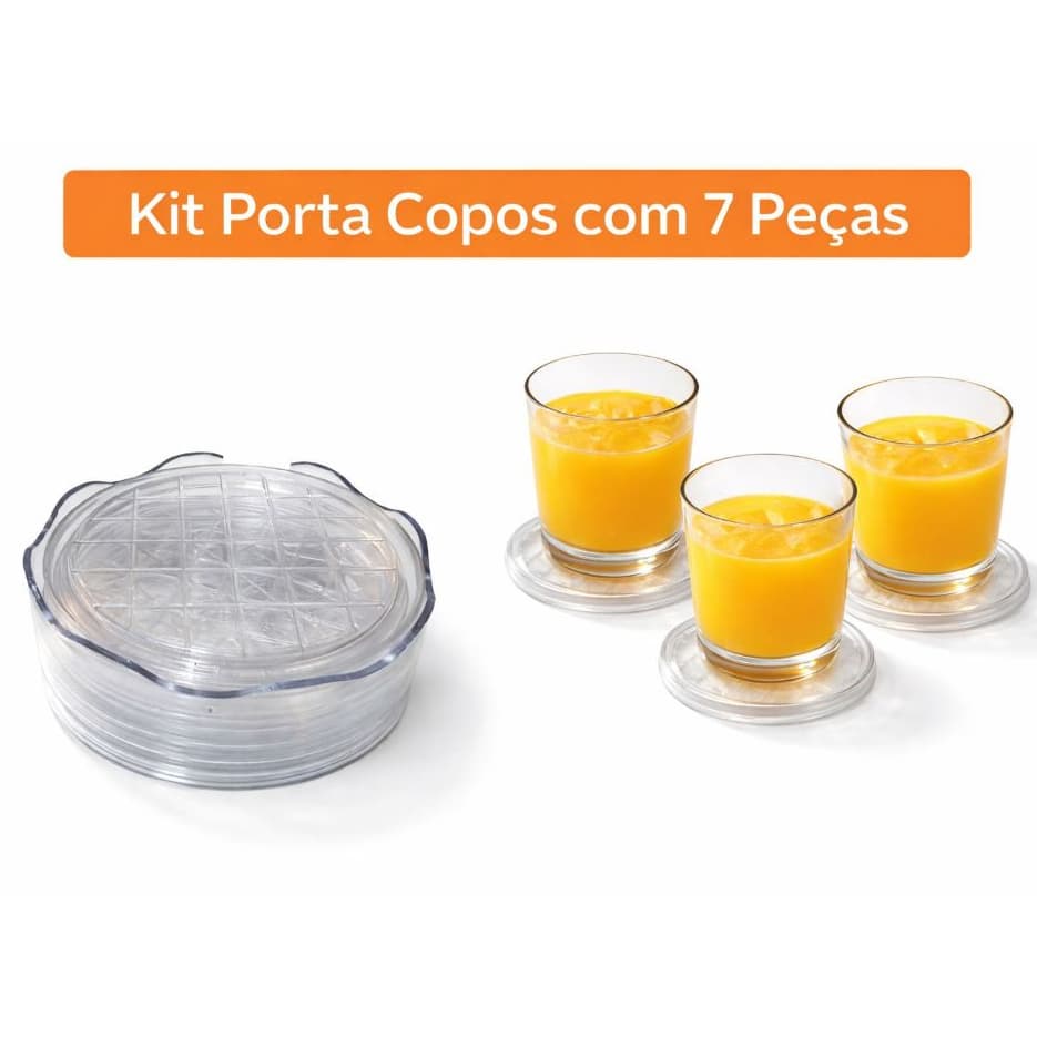 Kit Porta Copos Acrílico Transparente 7 Peças Cristal Linha Premium Protetor de Mesa Anti Água
