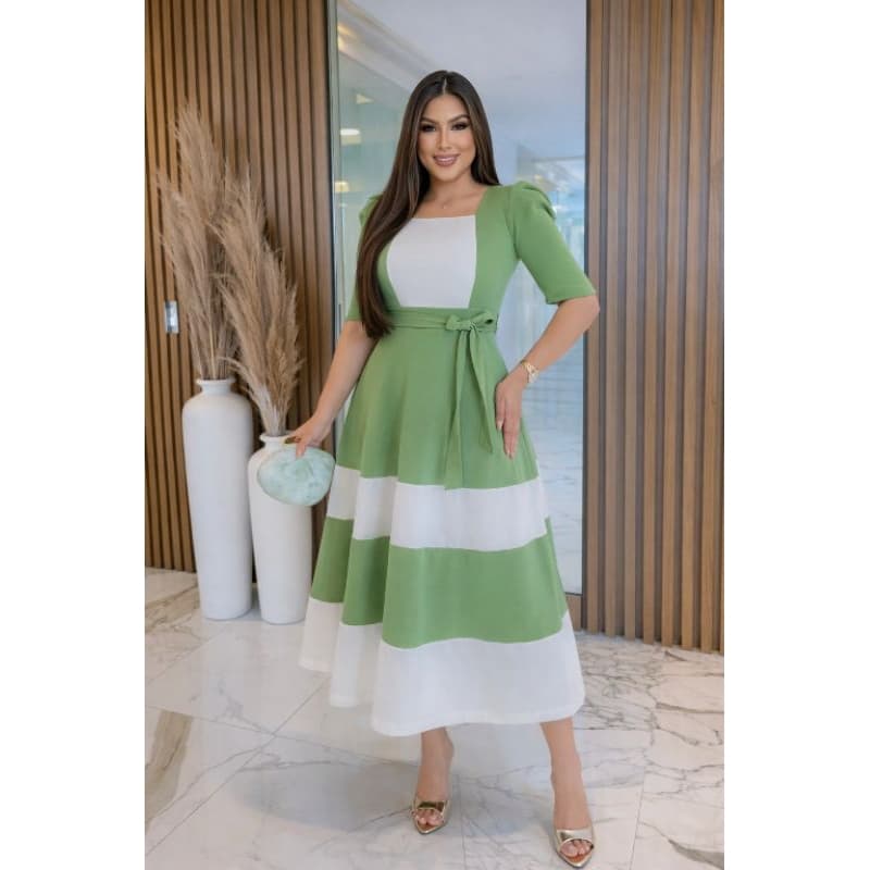 Vestido Midi Evangélico Bicolor com Laço na Cintura | Saia Listrada | Manga Princesa