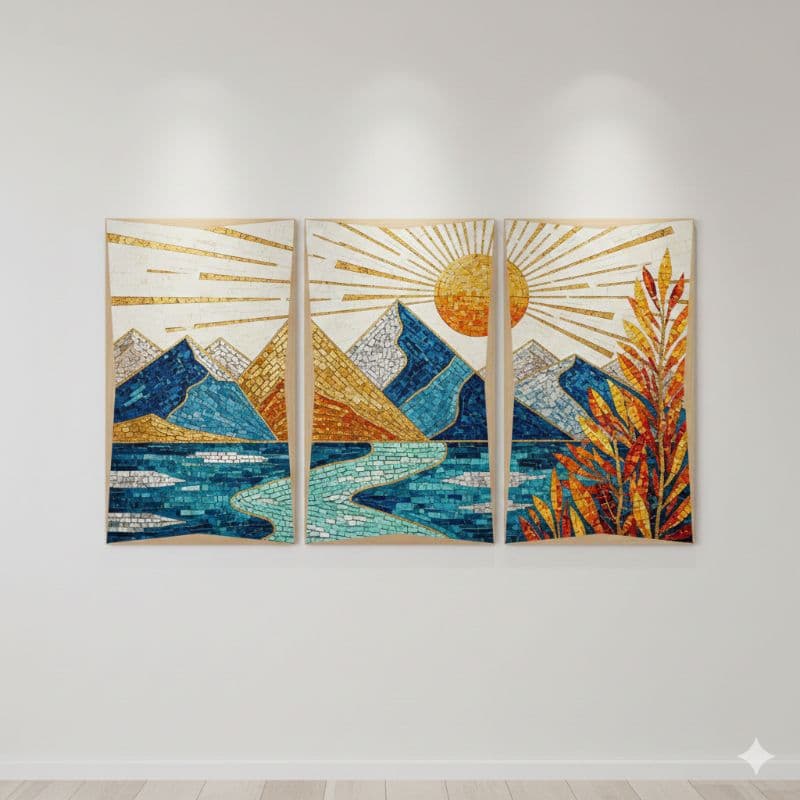 Quadro Decorativo Mosaico Montanhas Sol Triptico 3 Peças 40x60cm MDF H.e.p Decore
