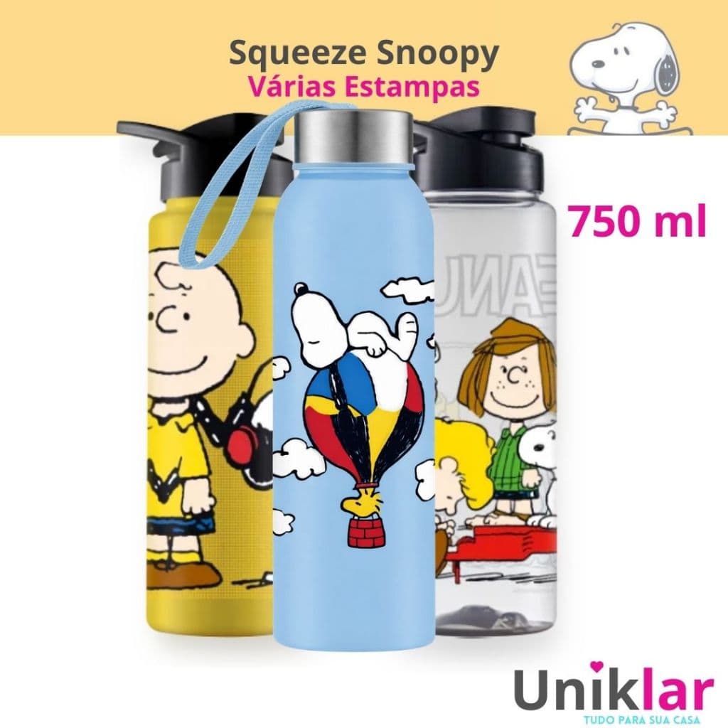 Garrafa Squeeze Infantil Personagem Snoopy 750ml Plástico Garrafinha para Crianças Escolar Passeios