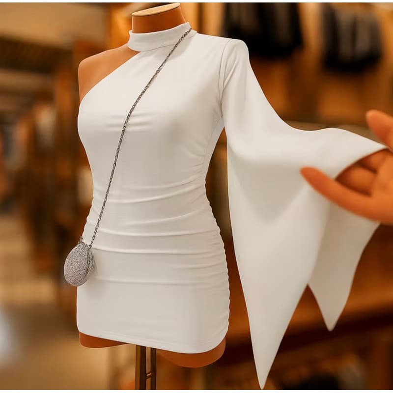 Vestido Feminino Manga Lado unico Gola Alta  ( LUIZA )