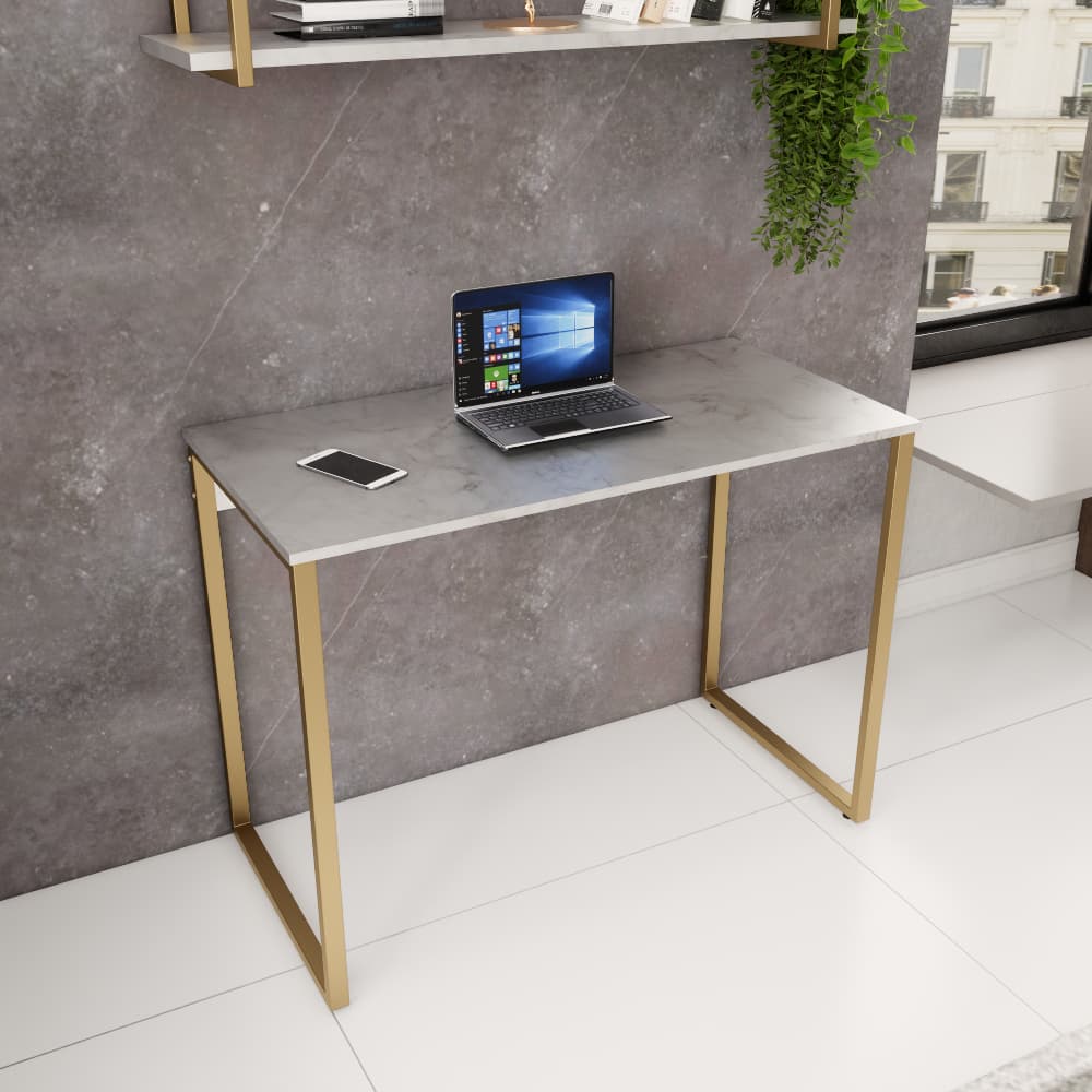 Mesa Escrivaninha Office Industrial Metal Dourado Tampo 100% MDF - Escritório Home Quarto