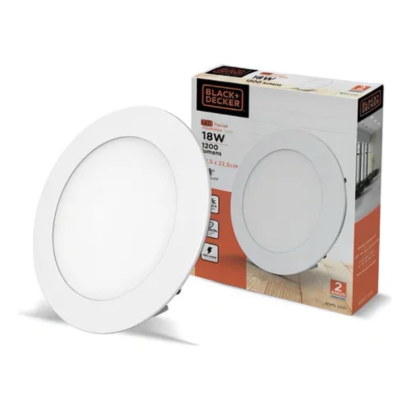 Painel LED Embutir 18W 6500K Redondo Slim Bivolt Luz Branca Fria Econômico Black+Decker