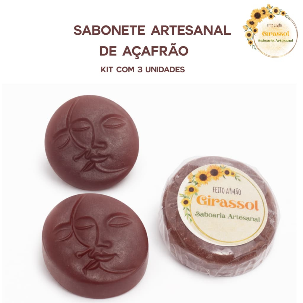 Kit 3 Sabonetes Artesanais de Açafrão 60g Acne Oleosidade Foliculite