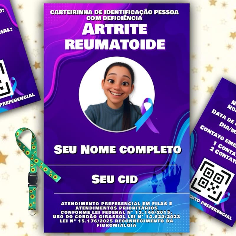 kit Cordão Girassol + Crachá ARTRITE REUMATOIDE + Qr Code Com Seu Laudo Médico