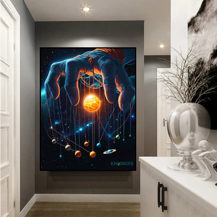Quadro Decorativo Mão Cósmica Controlando o Sistema Solar – Arte Espacial Impressionante, Moderna e Geek