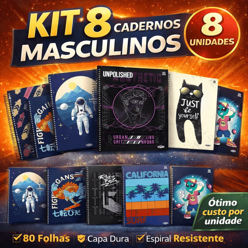 Kit 8 Cadernos Universitário 1 Matéria 80 Folhas Feminino Espiral Capa Dura - Animativa