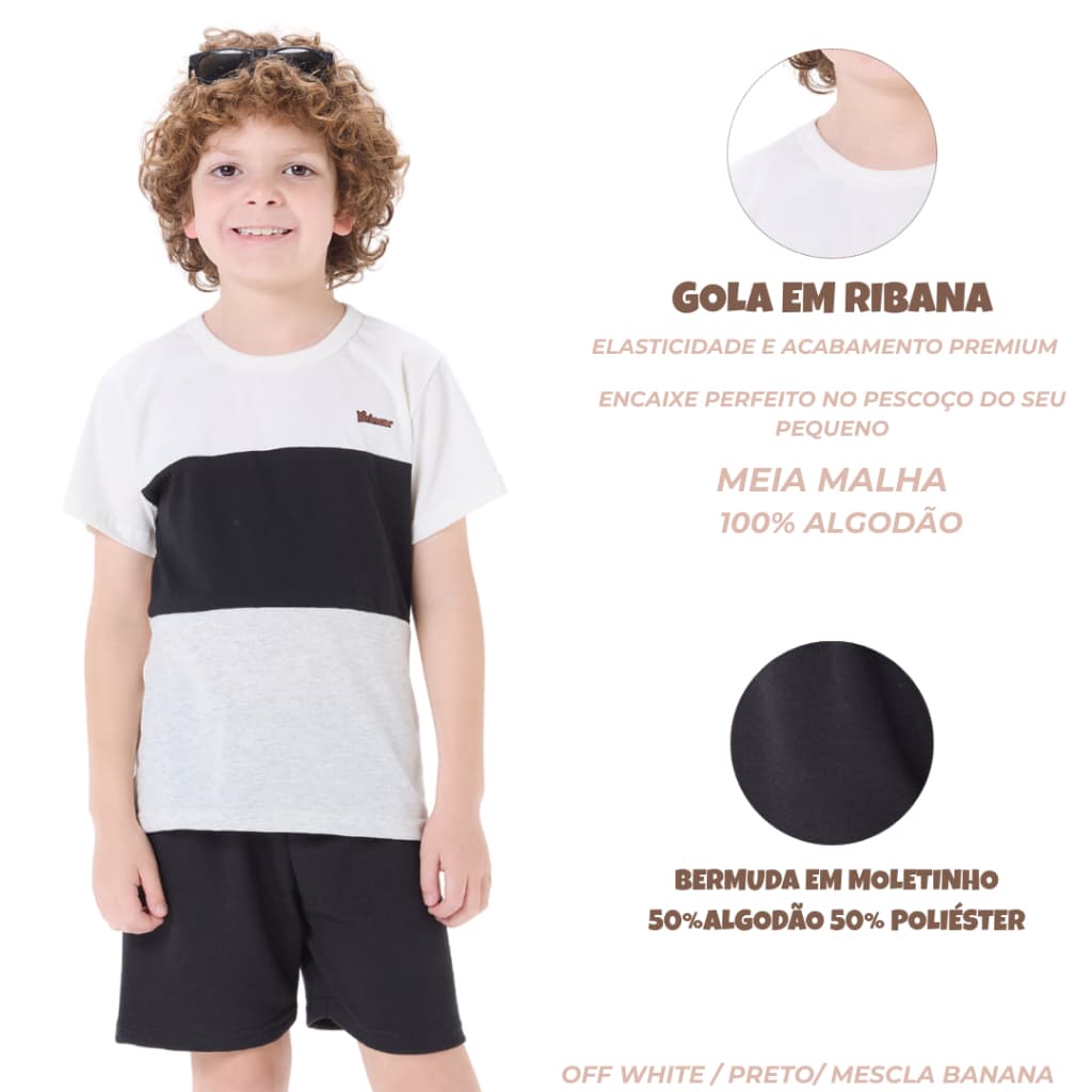 Conjunto Infantil Menino Verão  Básico Camiseta + Bermuda Moletinho Aplique em Courino 2 ao 8 anos