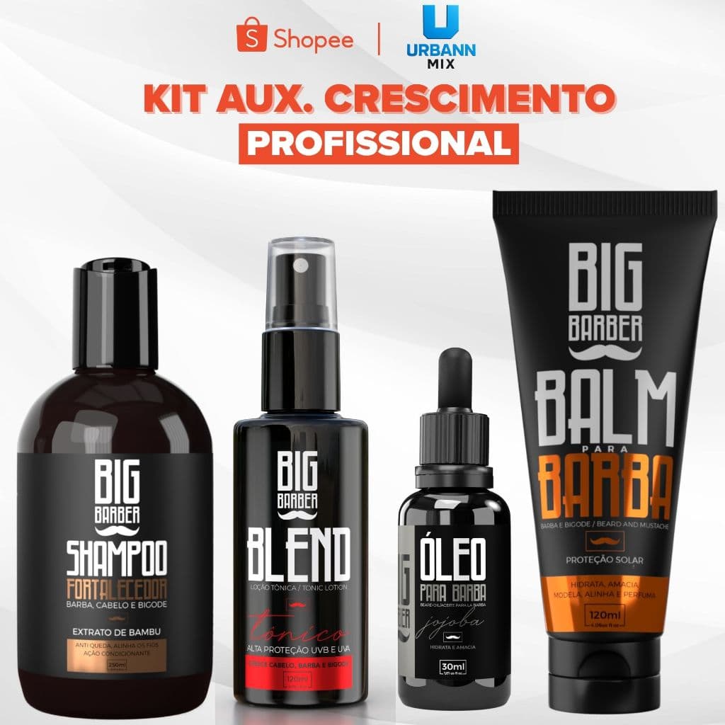 Kit Crescimento de Barba Big Barber Shampoo + Tônico + Óleo + Balm 4 Itens