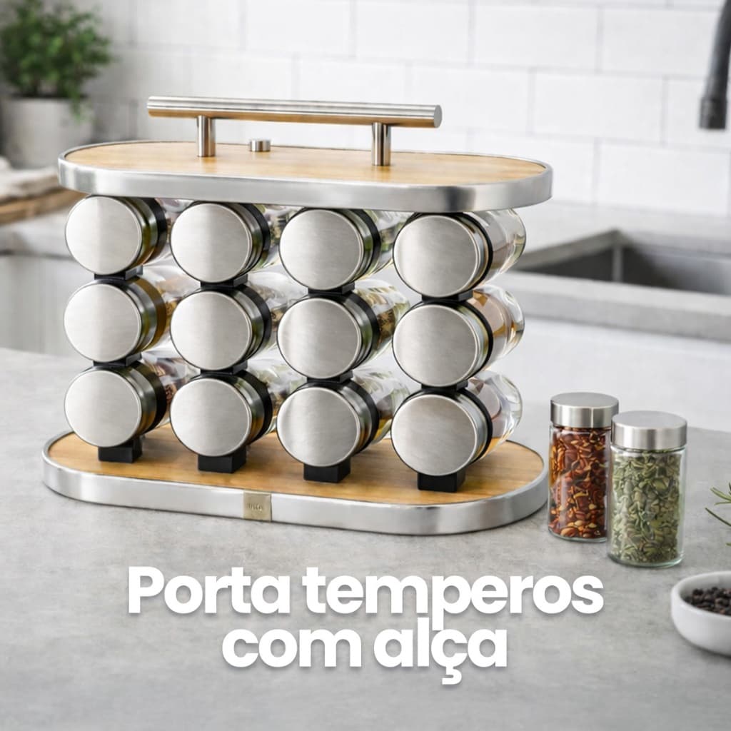 Porta tempero de mesa com alça em inox + 12 potes de condimentos 90ml em vidro / Suporte de madeira