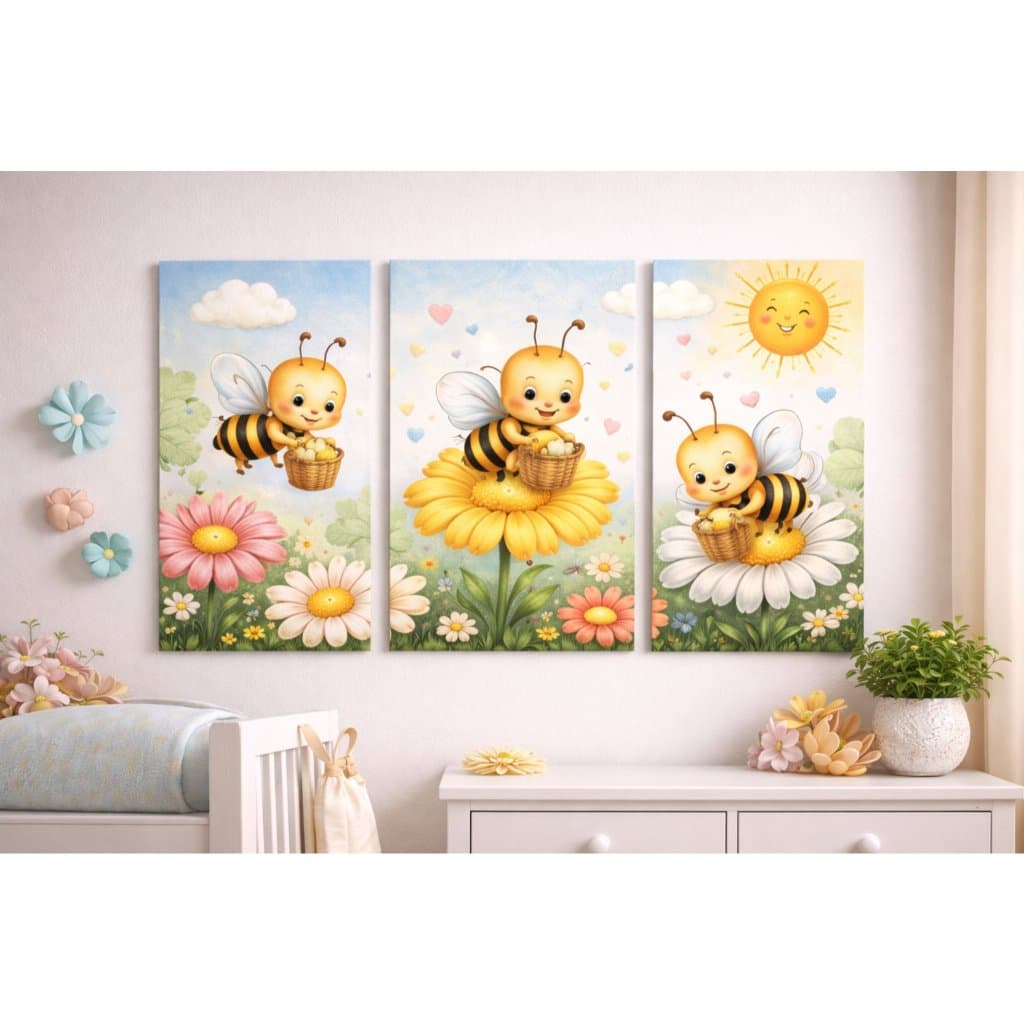 Quadro Decorativo Infantil Abelhinha Feliz com Flores MDF 120X40