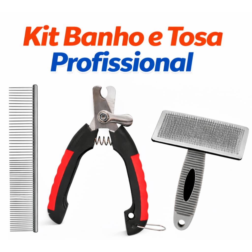 Kit Banho e tosa Rasqueadeira Pente Cortador de Unhas Profissional Domestico