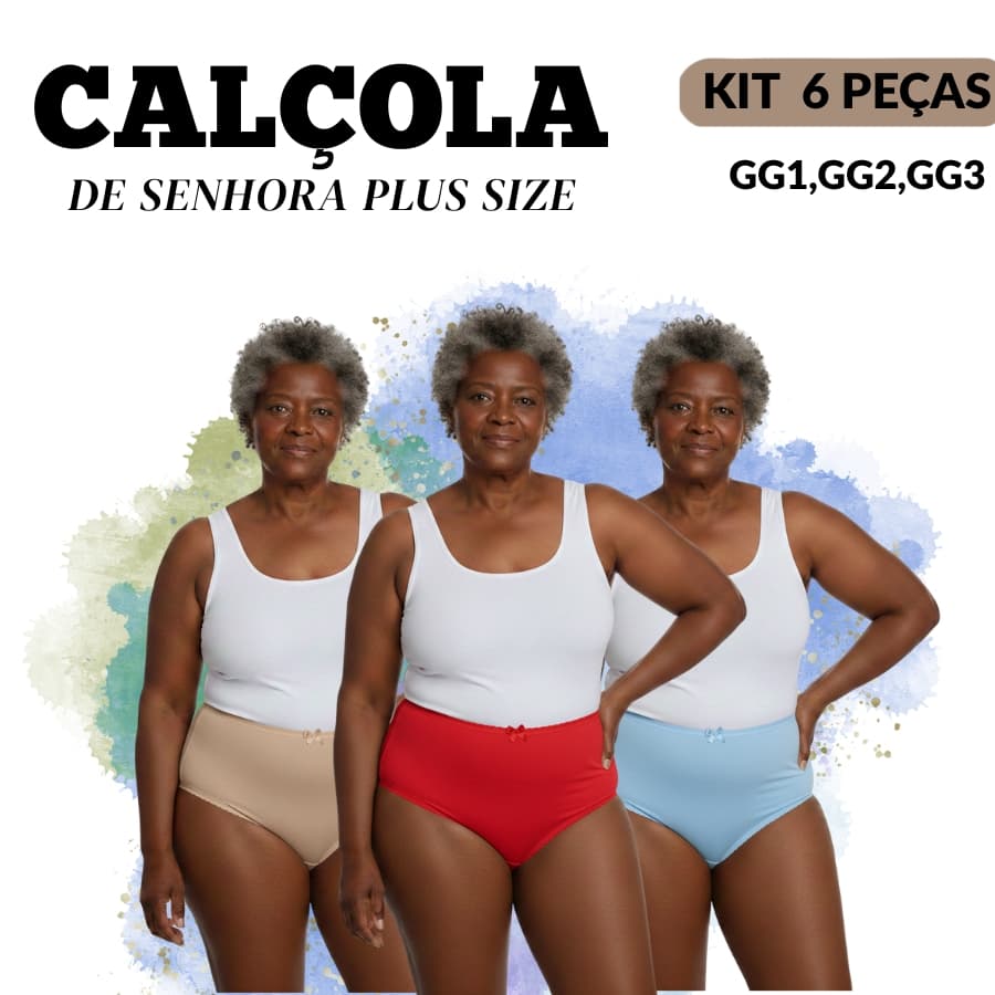 Kit 6 Calçola Calçinha Senhora Plus Size Algodão tecido macio