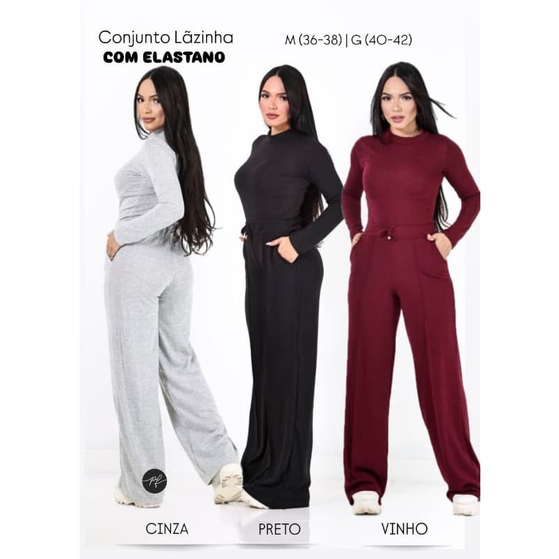Conjunto Feminino Lãzinha Inverno Pantalona Manga Longa Com Bolsos e Elastano