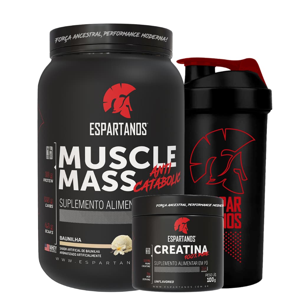 Kit Massa Hipercalórico MUSCLE MASS + Creatina 100g + Coqueteleira - Espartanos