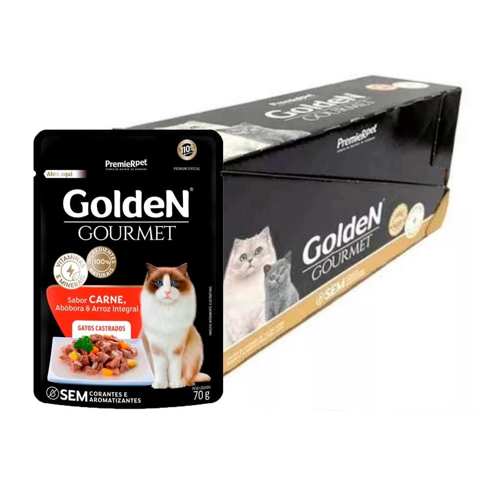 Sache Ração Úmida Golden Gourmet Para Gatos Castrados Carne 70g Caixa 20Un.