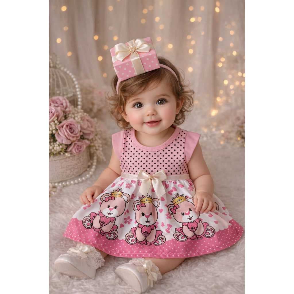 Vestido Ursinha de Bolinhas Bebê Menina – Temático Mesversário Princesa Recém-Nascido